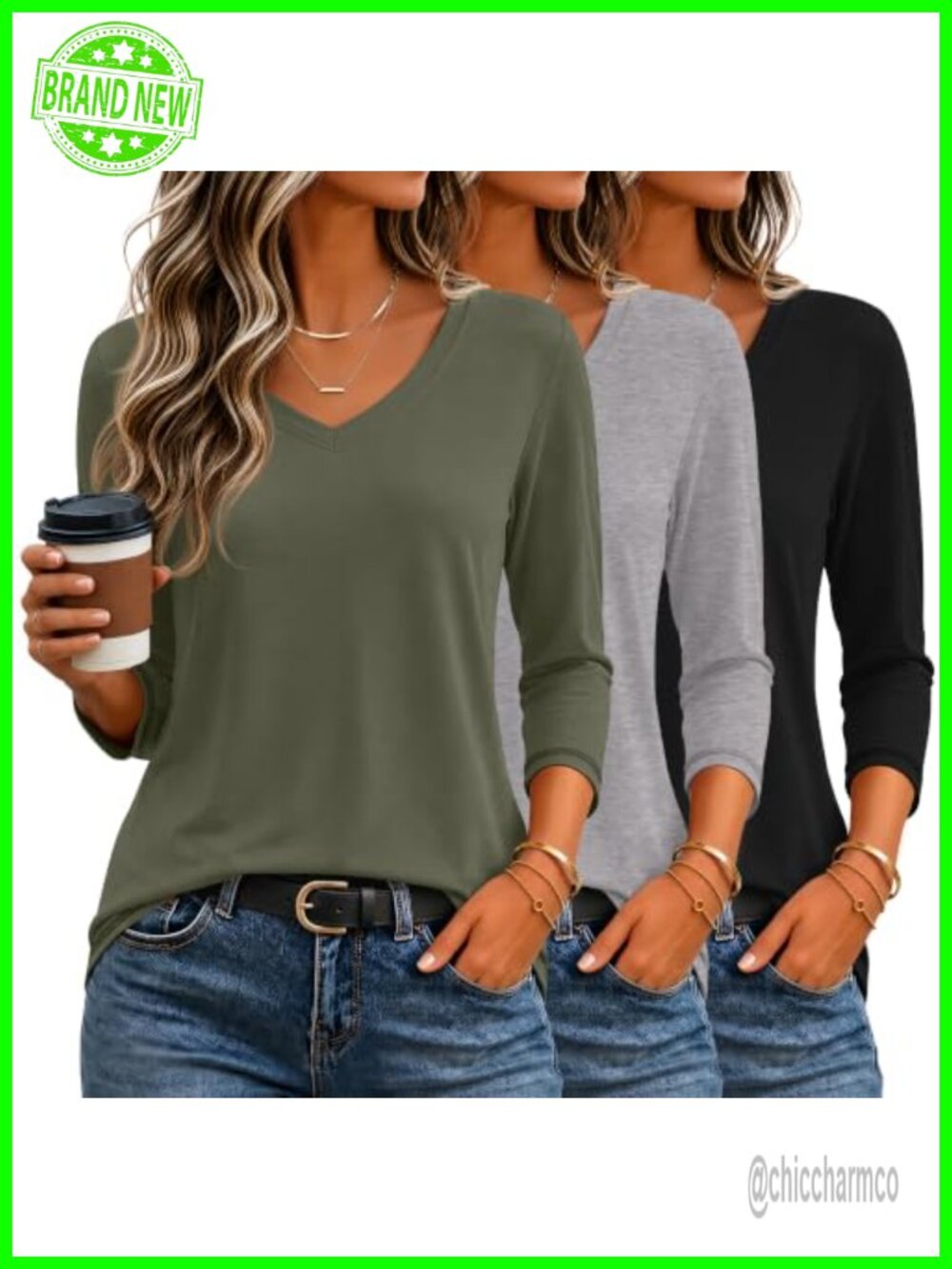 3 Pack Women's 3/4 Sleeve V Neck Tops Casual Loose Fit T-Shirts